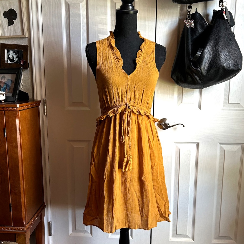 H&M Mustard Yellow Ruffle Tie-Waist Mini Dress